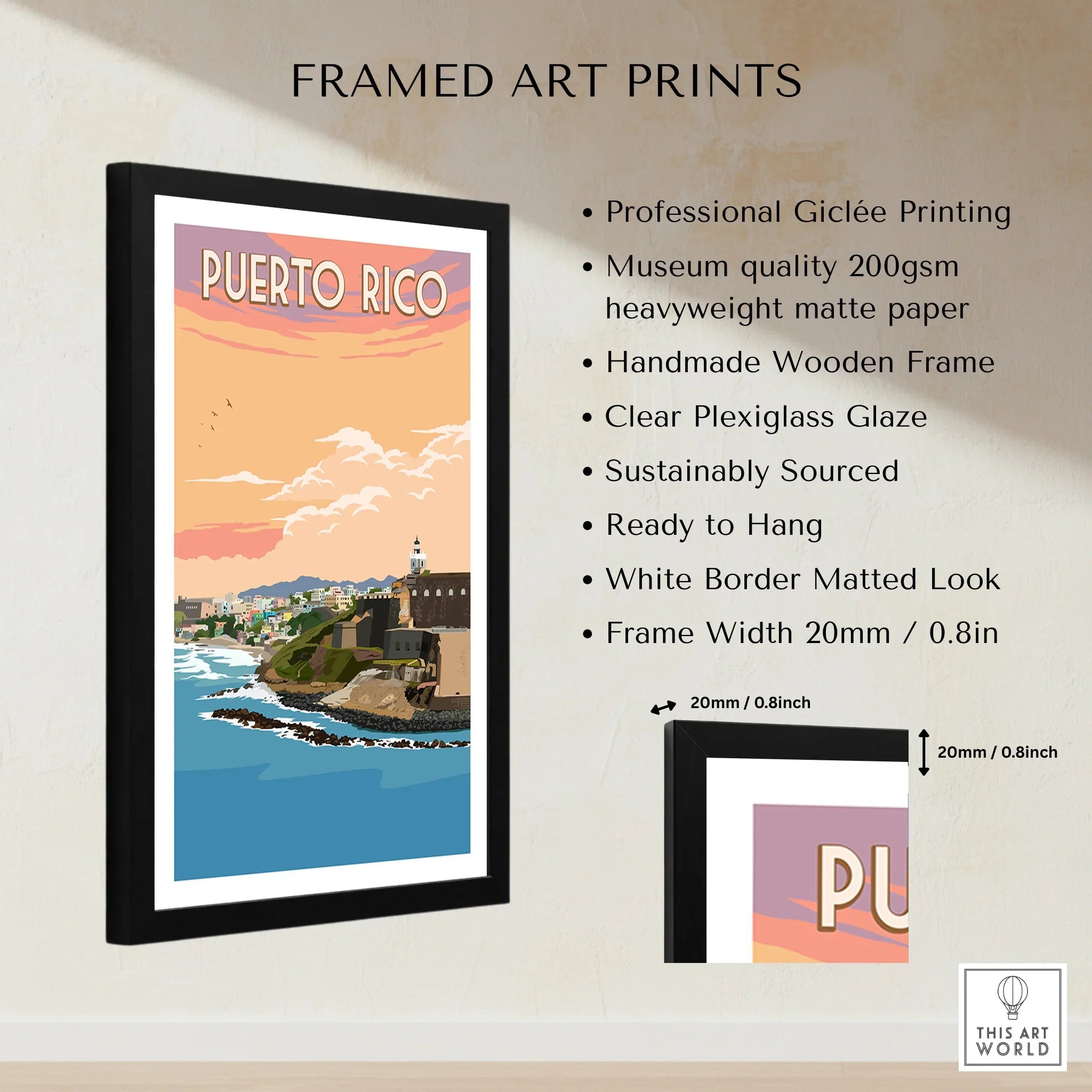 Puerto Rico travel poster art print in black frame, coastal cityscape with sunset sky, ideal wall decor