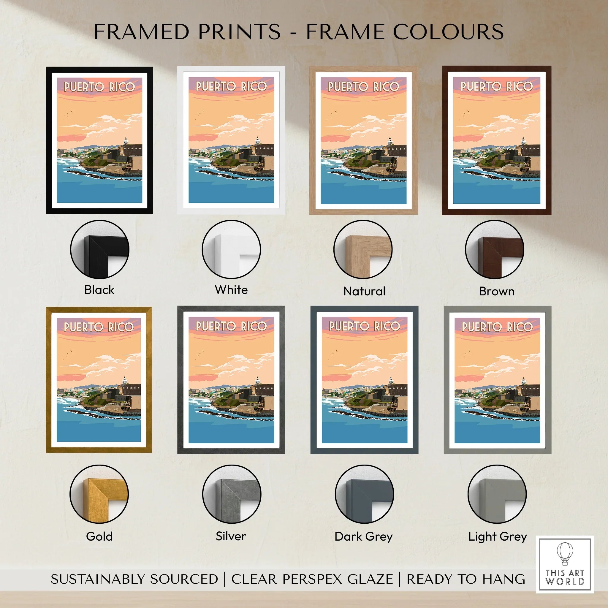 Puerto Rico travel poster in eight frame colors: black, white, natural, brown, gold, silver, dark grey, light grey