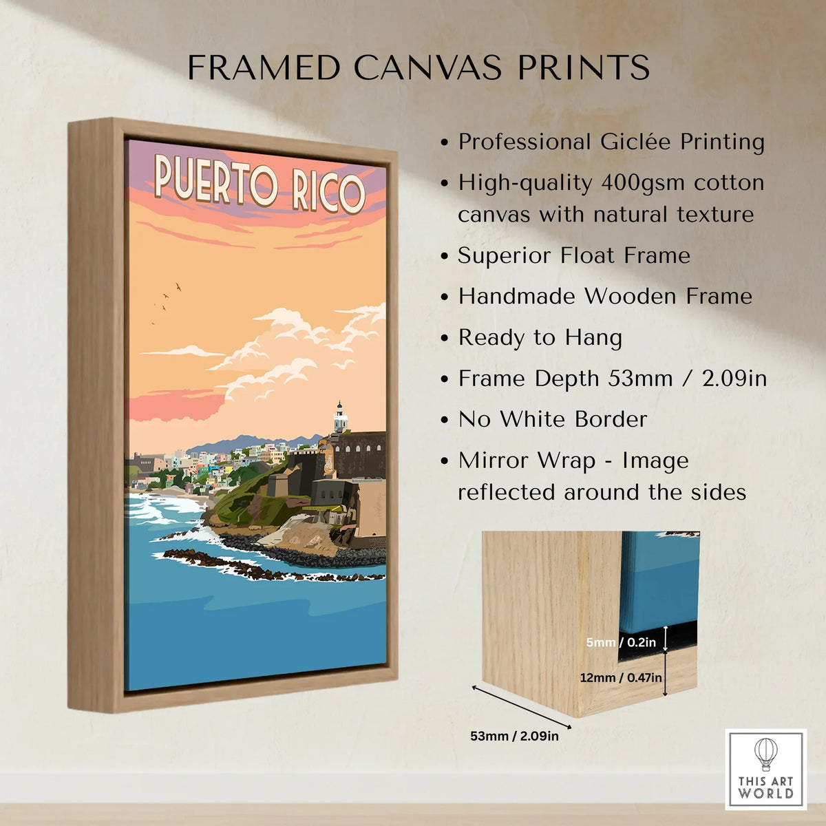 Puerto Rico travel poster print in wooden frame, coastal cityscape wall art with sunset sky