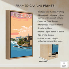 Puerto Rico travel poster print in wooden frame, coastal cityscape wall art with sunset sky