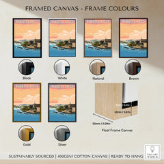 Puerto Rico travel poster in various frame colors, sustainably sourced canvas, ready to hang