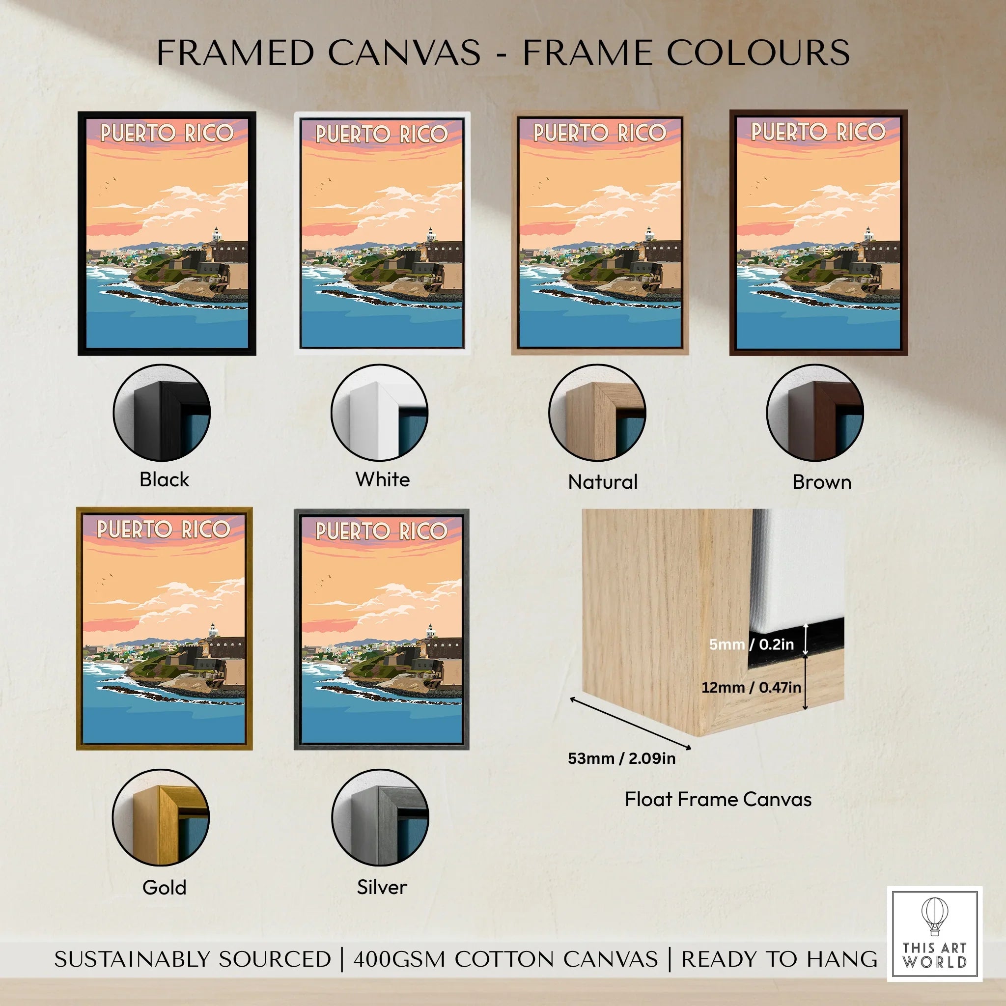 Puerto Rico travel poster in various frame colors, sustainably sourced canvas, ready to hang