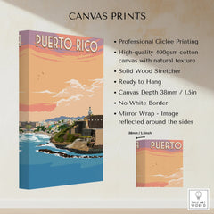 Puerto Rico travel poster canvas print with coastal cityscape and sunset sky