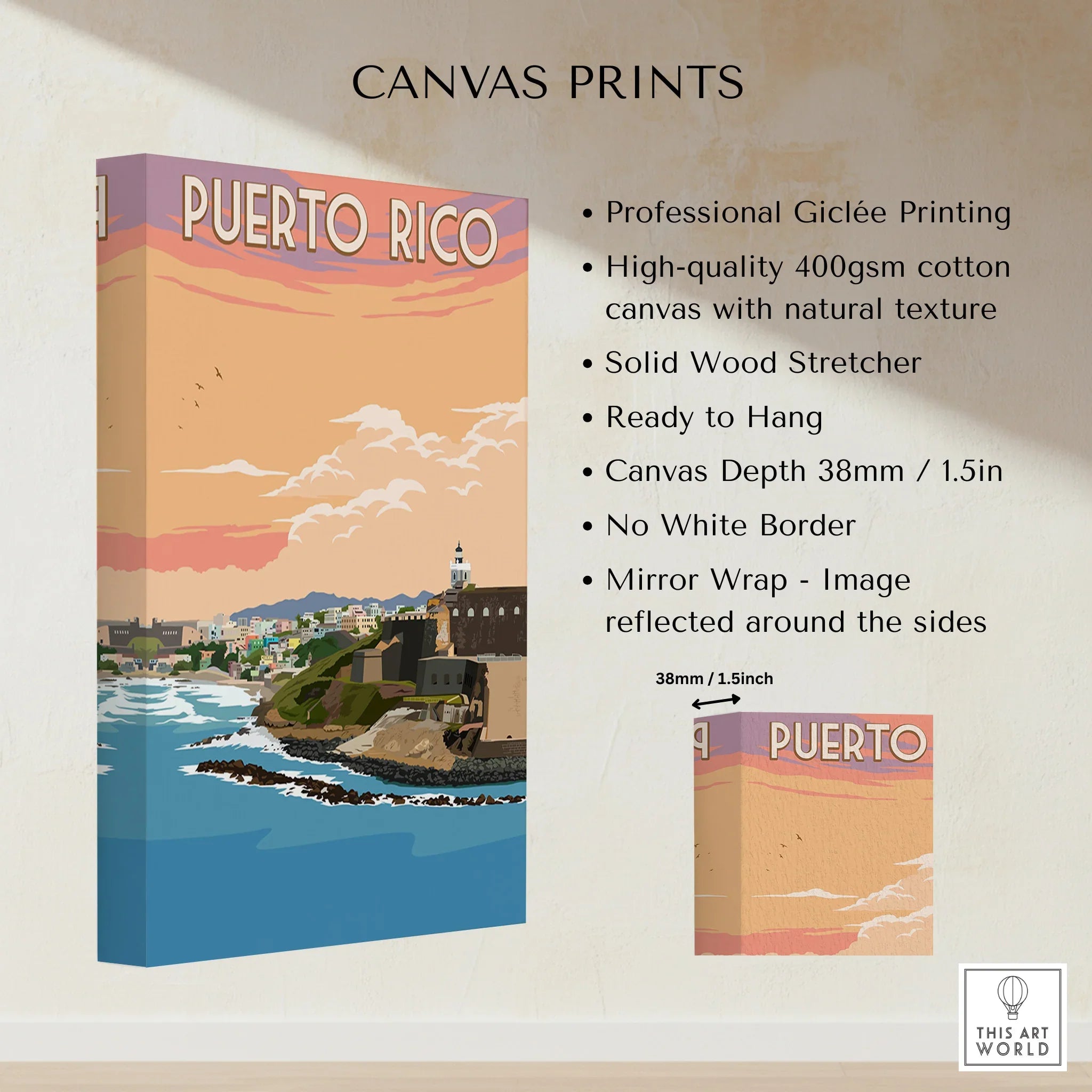 Puerto Rico travel poster canvas print with coastal cityscape and sunset sky