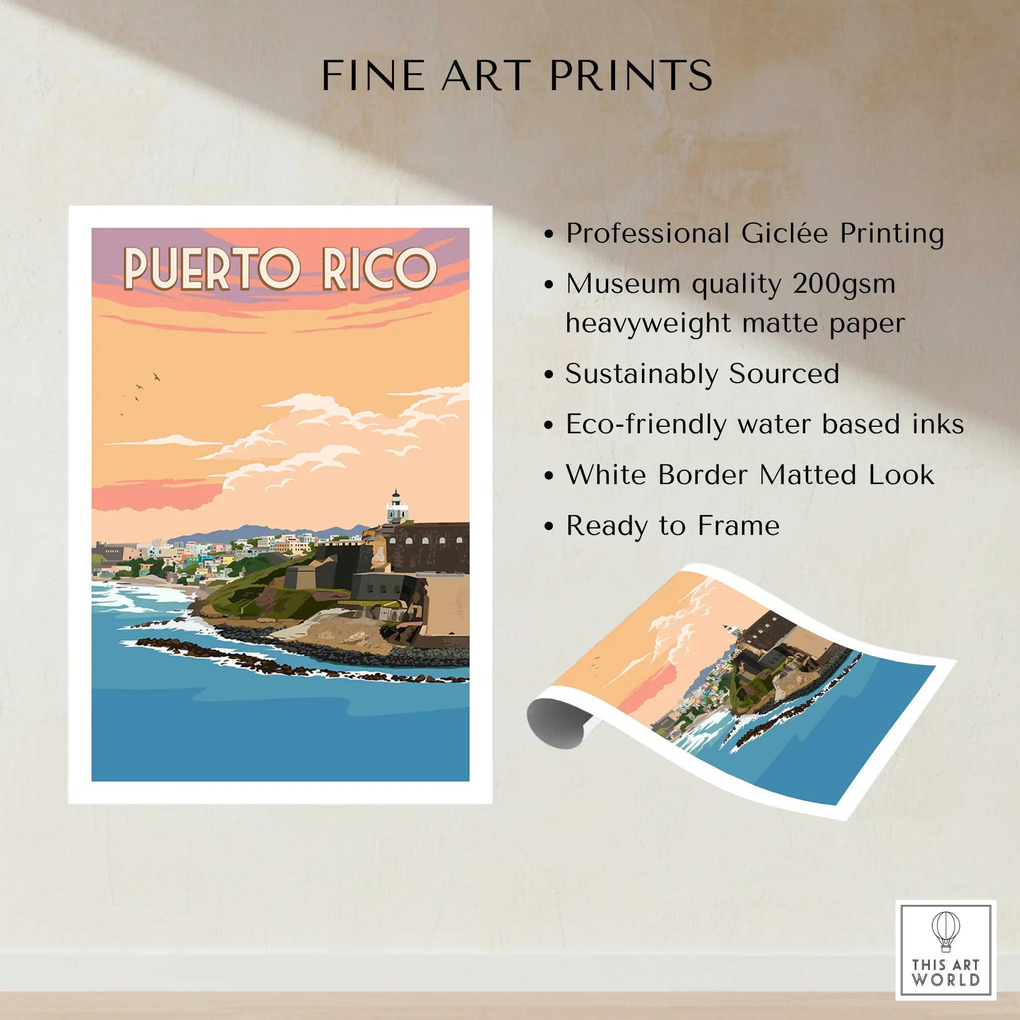 Puerto Rico travel poster with coastal cityscape, sunset sky, and historic fort, ideal for wall art decor