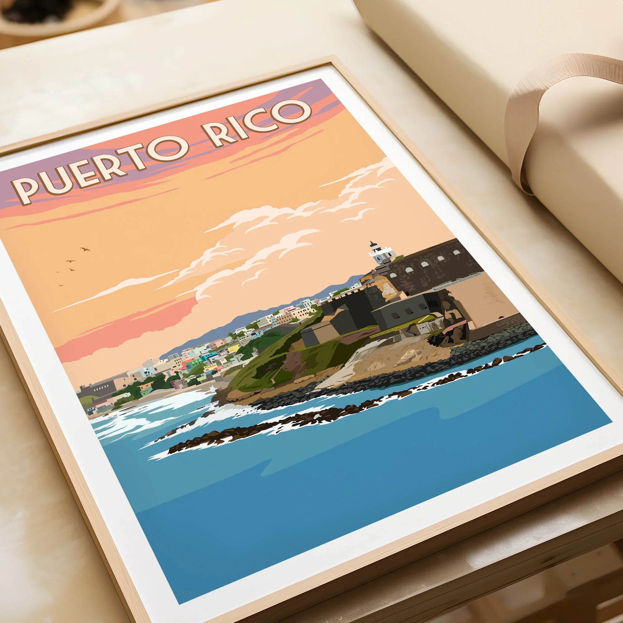 Puerto Rico travel poster art with coastal cityscape, lighthouse, and sunset sky for wall decor