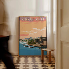 Puerto Rico travel poster with coastal cityscape, lighthouse, and sunset, framed wall art for home decor