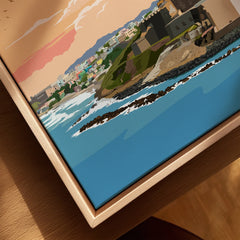 Coastal cityscape wall art with vibrant buildings, ocean waves, and sunset sky for home decor