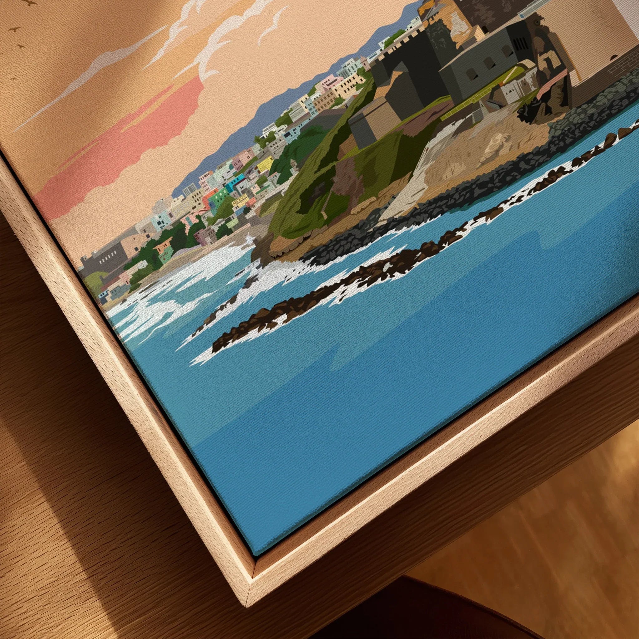 Coastal cityscape wall art with vibrant buildings, ocean waves, and sunset sky for home decor