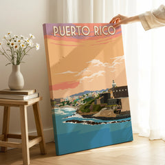Puerto Rico travel poster canvas art with coastal cityscape, sunset sky, and lighthouse for home decor