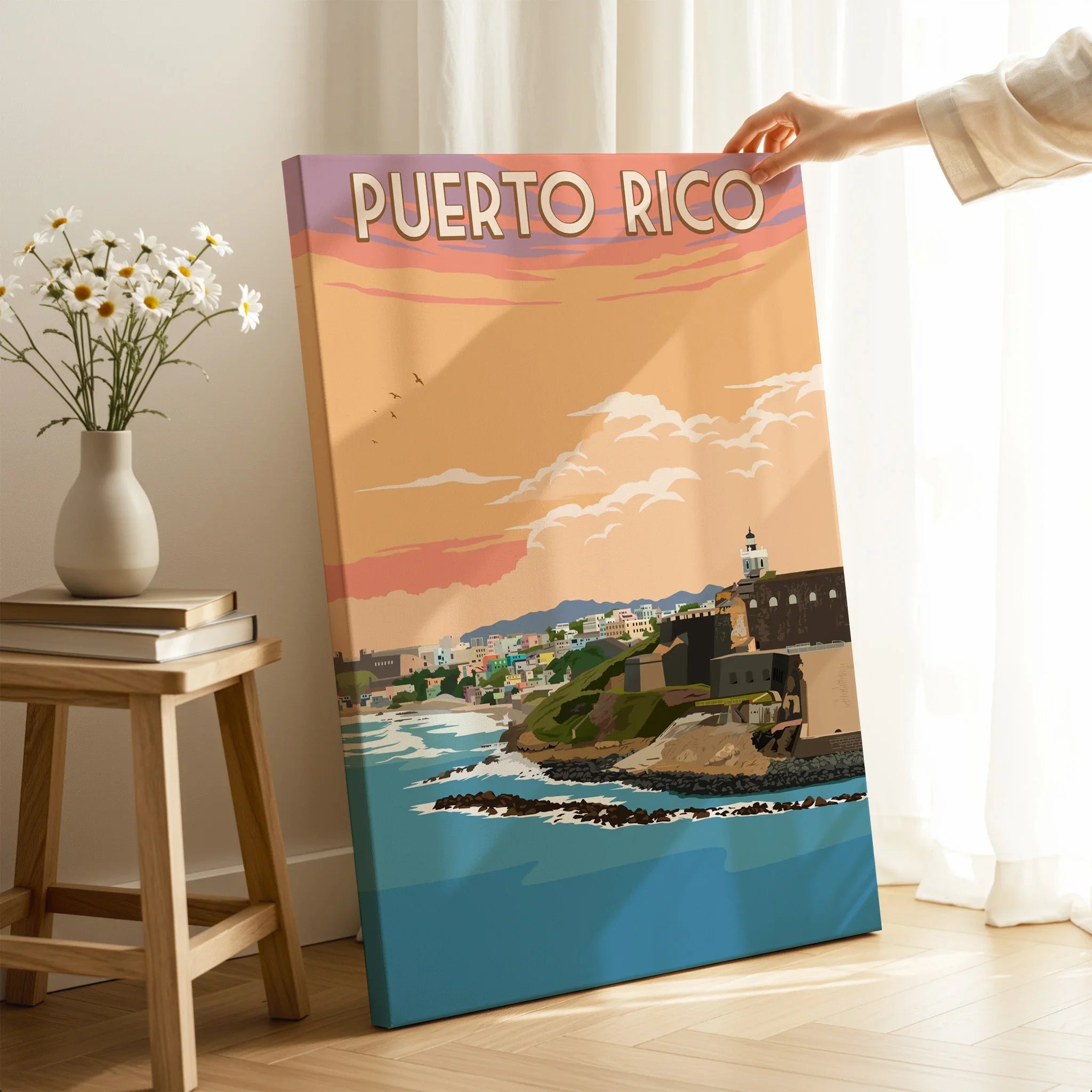 Puerto Rico travel poster canvas art with coastal cityscape, sunset sky, and lighthouse for home decor