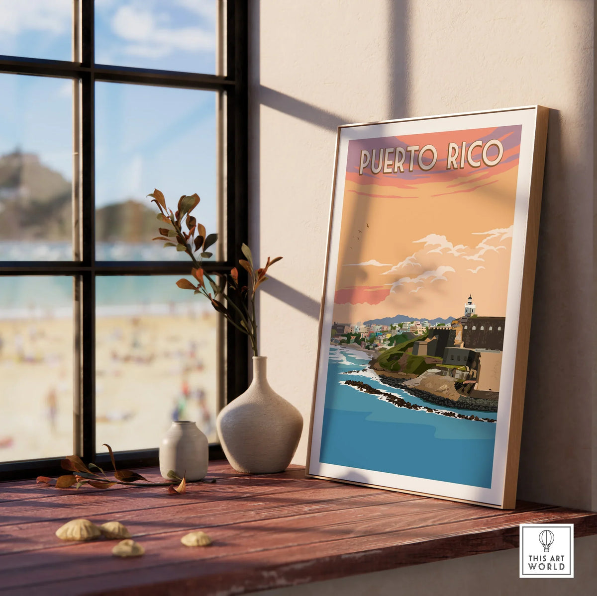 Puerto Rico travel poster with coastal cityscape, sunset sky, and lighthouse, styled as vintage wall art for home decor.
