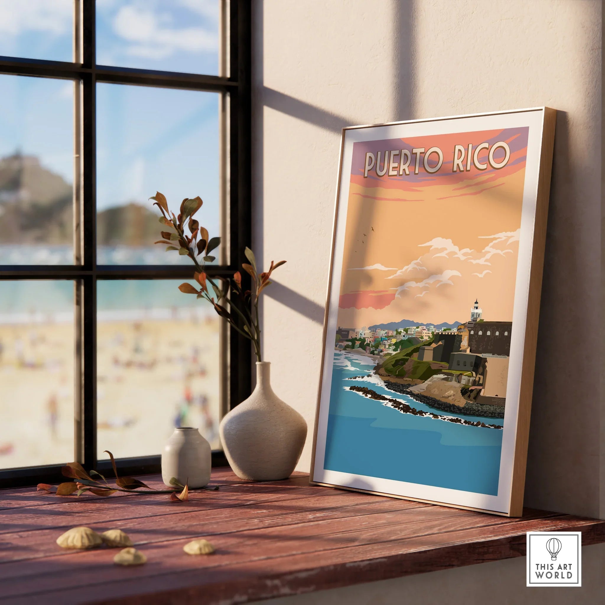 Puerto Rico travel poster with coastal cityscape, sunset sky, and lighthouse, styled as vintage wall art for home decor.