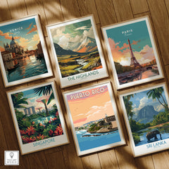 Framed travel posters of Venice, Paris, Scotland, Singapore, Puerto Rico, and Sri Lanka for wall art decor