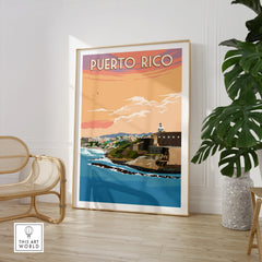 Puerto Rico travel poster art featuring coastal cityscape, lighthouse, and sunset sky for home wall decor