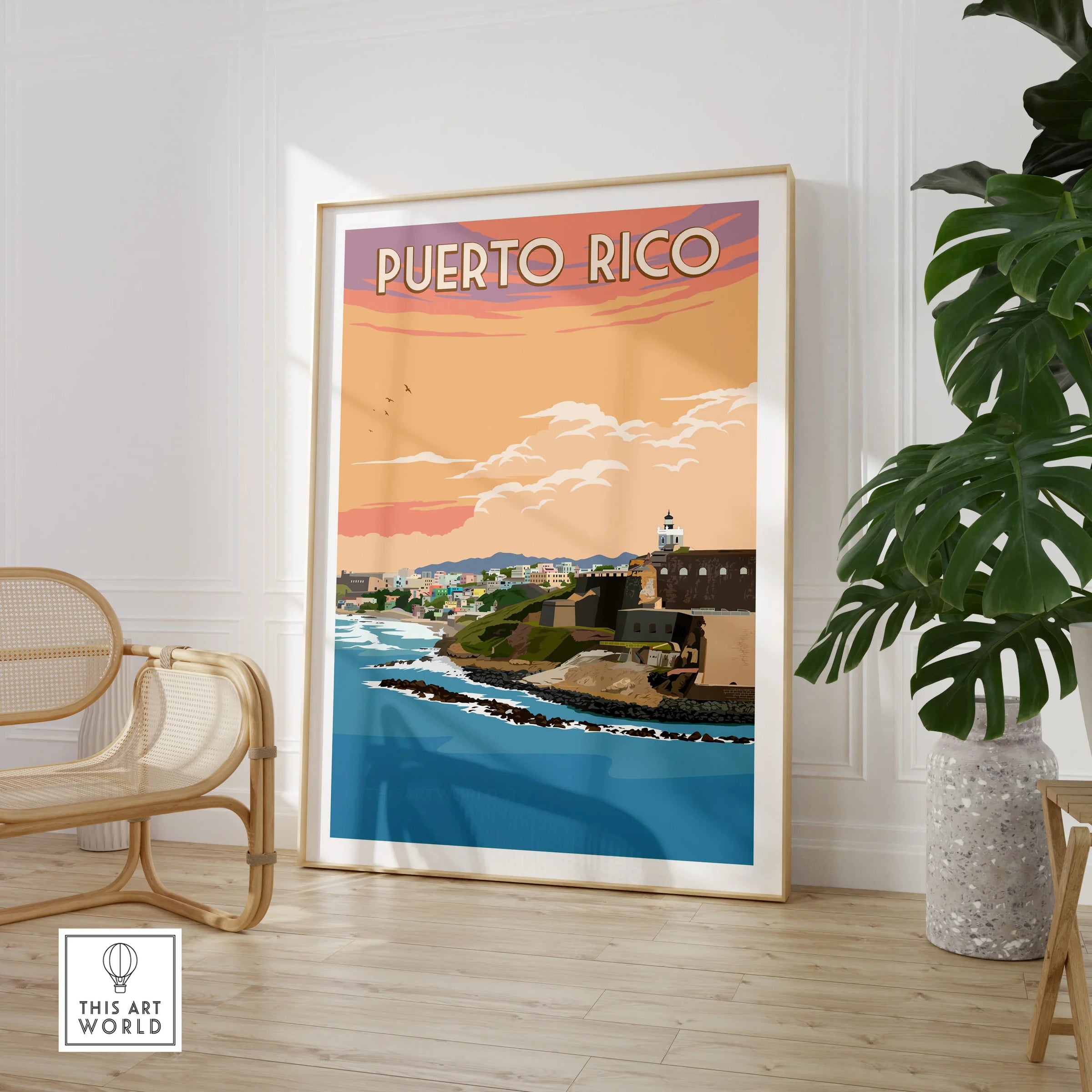 Puerto Rico travel poster art featuring coastal cityscape, lighthouse, and sunset sky for home wall decor