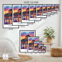 Quebec Travel Art Print - Château Frontenac size guide displaying various frame sizes for the artwork.