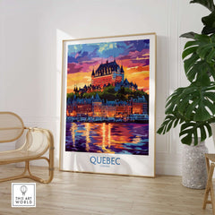 Quebec Travel Art Print - Château Frontenac showcasing vibrant sunset over the iconic castle in Quebec, Canada.