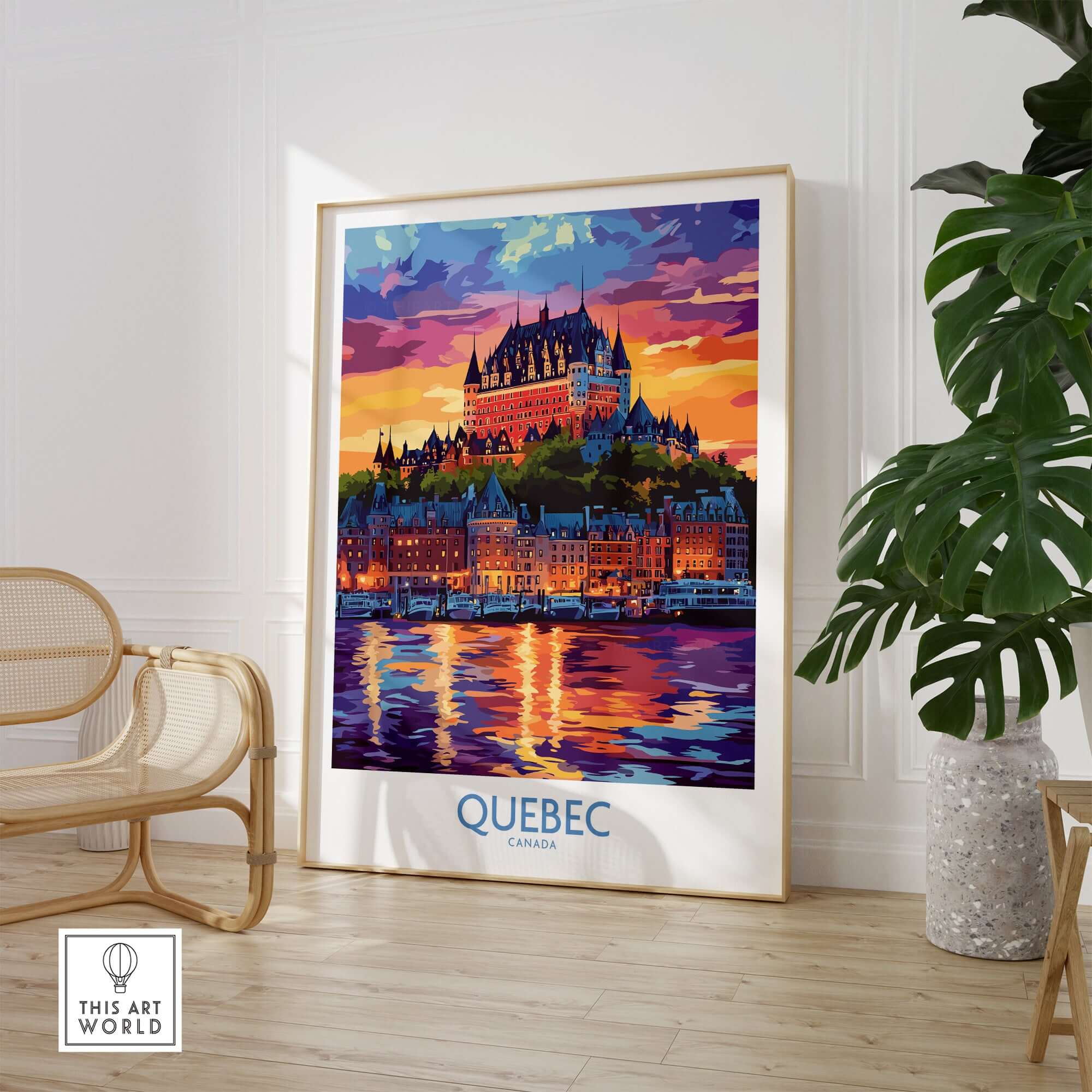Quebec Travel Art Print - Château Frontenac showcasing vibrant sunset over the iconic castle in Quebec, Canada.