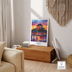 Quebec Travel Art Print - Château Frontenac displayed in a cozy living space, showcasing vibrant colors and architectural beauty.