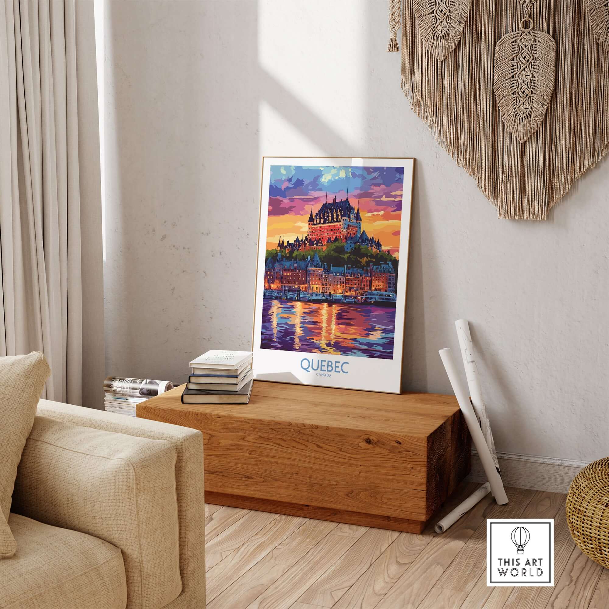 Quebec Travel Art Print - Château Frontenac displayed in a cozy living space, showcasing vibrant colors and architectural beauty.