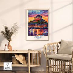 Quebec Travel Art Print - Château Frontenac displayed on a wall in a modern living room setting.