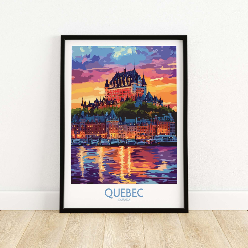 Vibrant Quebec travel art print featuring Château Frontenac against a sunset backdrop, perfect for art lovers and travelers.