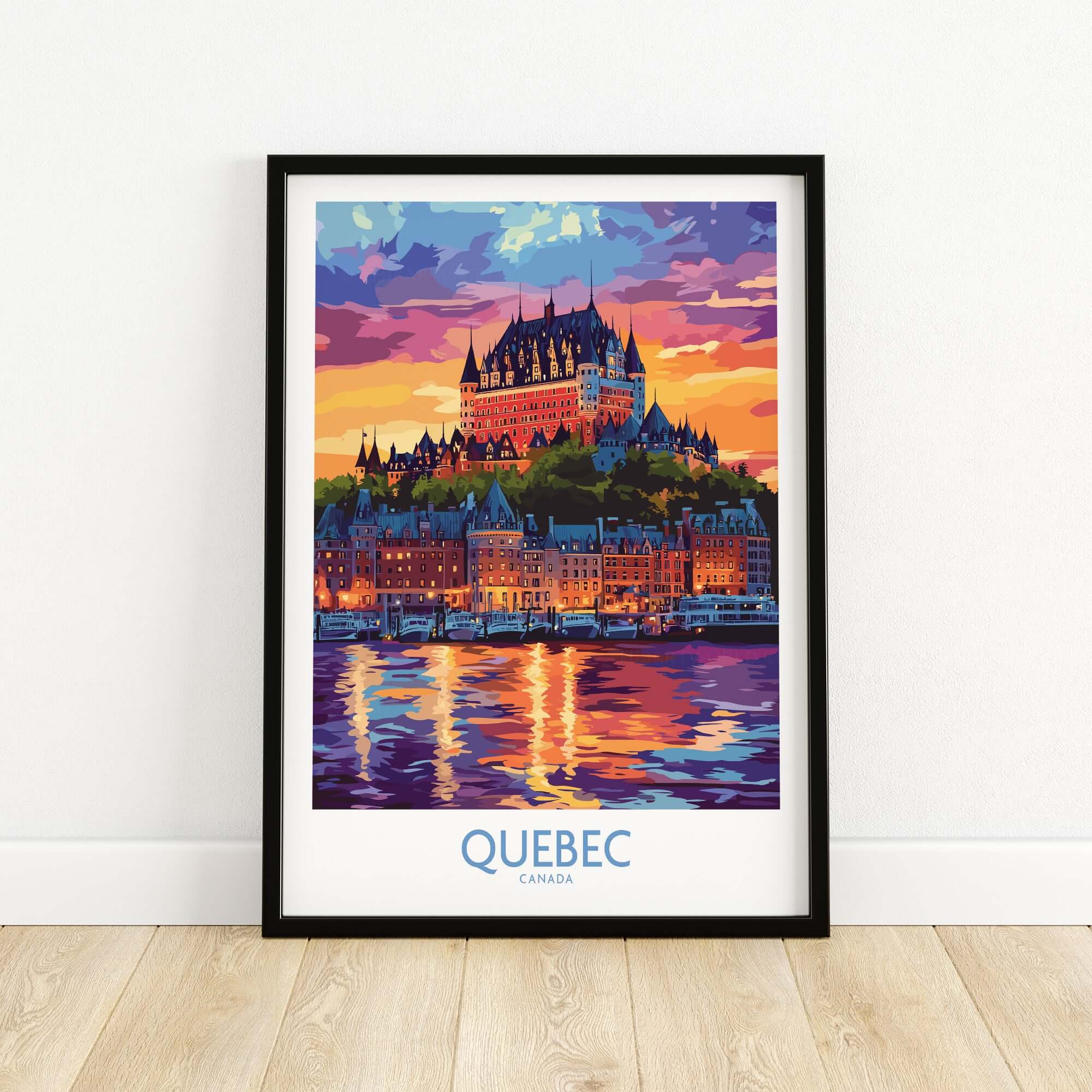 Quebec Travel Art Print - Château Frontenac featuring vibrant sunset over the iconic landmark in Quebec.