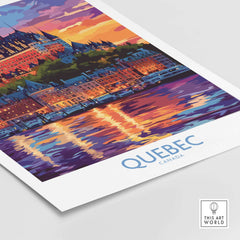 Quebec Travel Art Print - Château Frontenac showcasing vibrant colors and reflections of Quebec city at sunset.