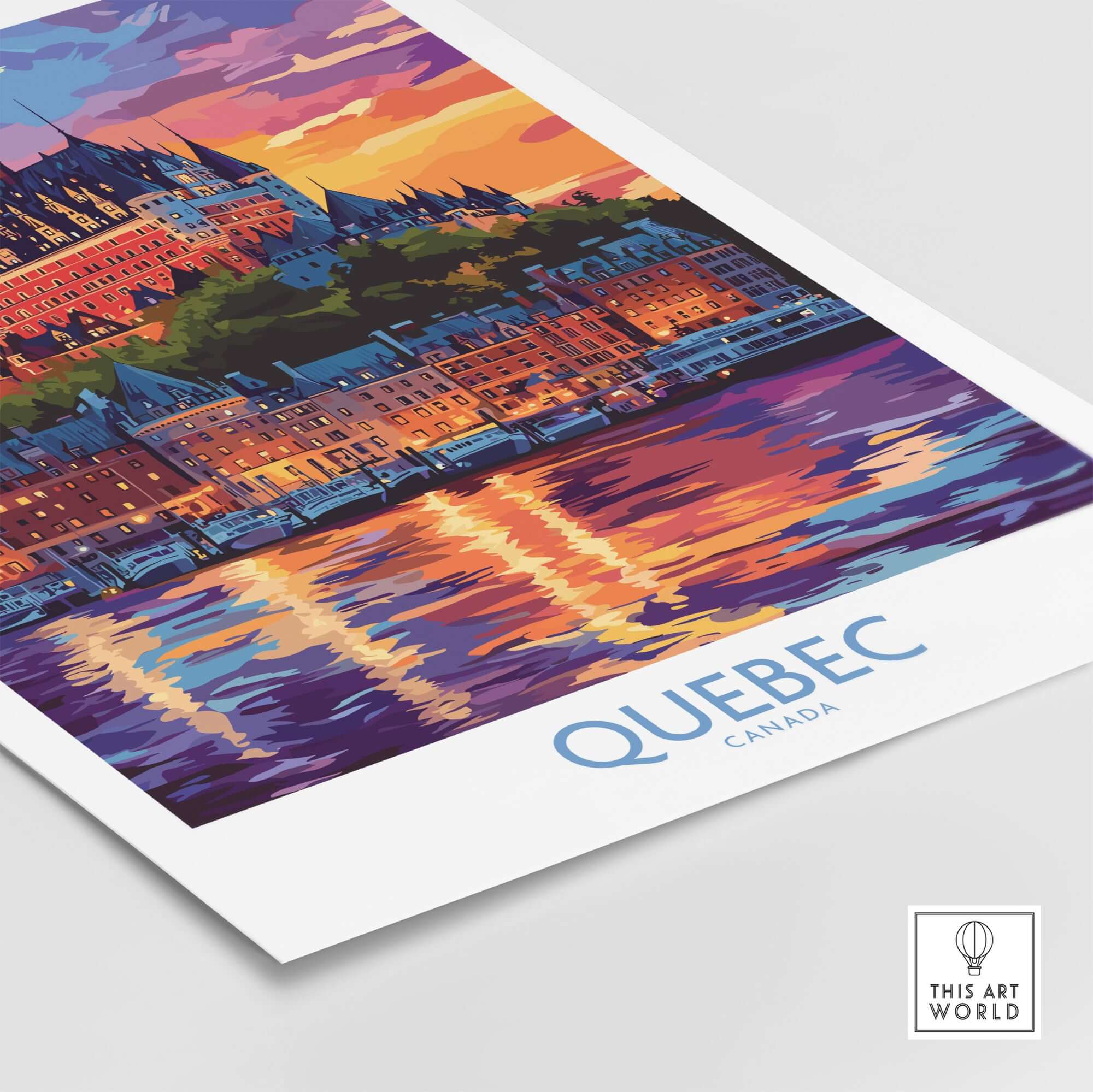 Quebec Travel Art Print - Château Frontenac showcasing vibrant colors and reflections of Quebec city at sunset.