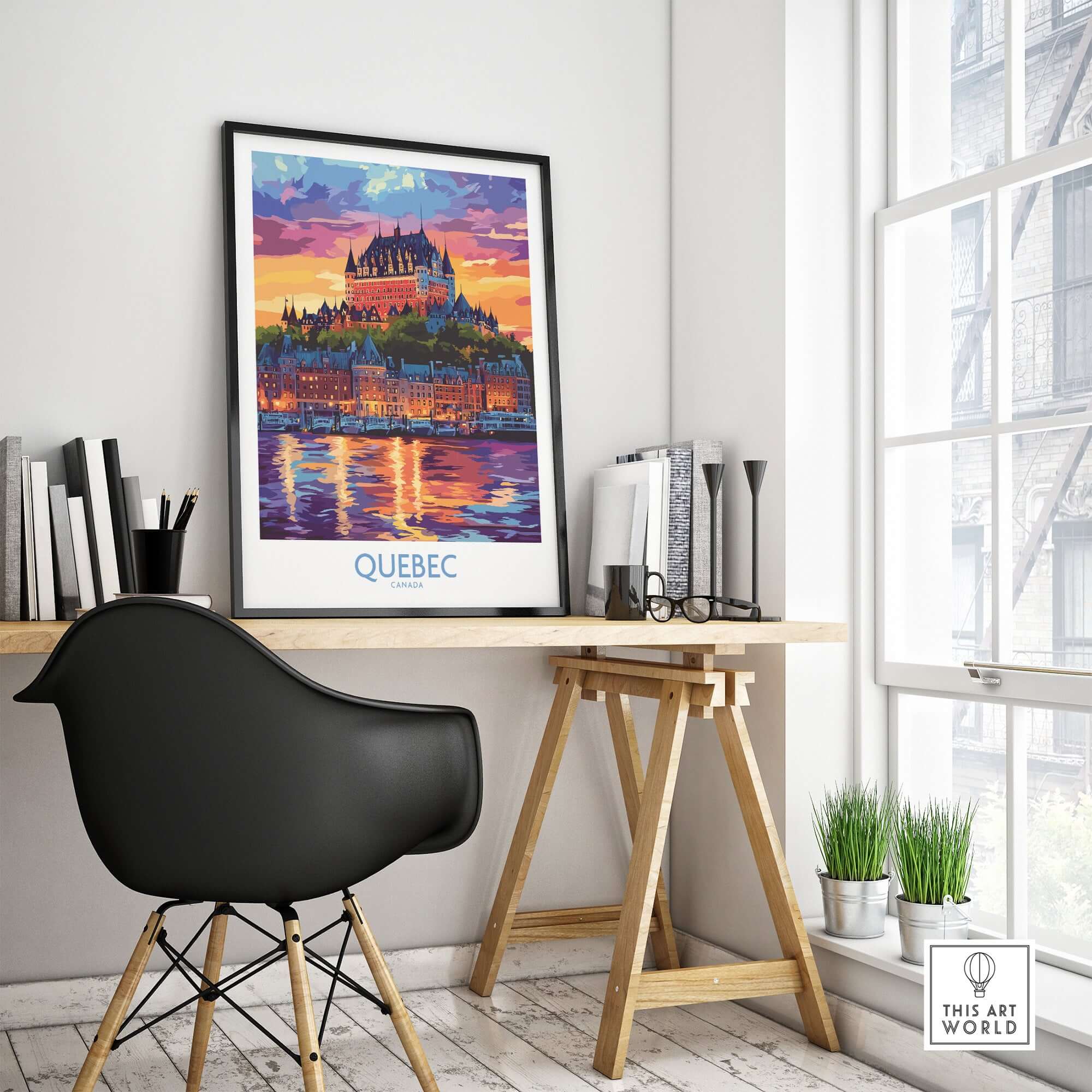 Quebec Travel Art Print - Château Frontenac displayed in a modern workspace setting, showcasing its vibrant colors and charm.