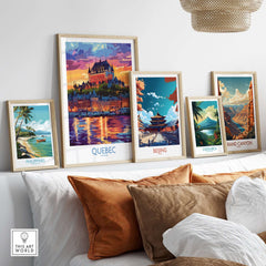 Quebec Travel Art Print - Château Frontenac displayed among other travel art prints on a stylish interior wall.