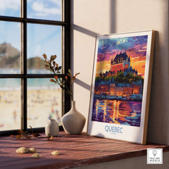 Quebec Travel Art Print - Château Frontenac displayed in a cozy interior with a scenic view.