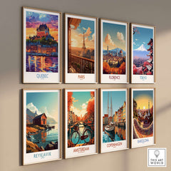 Quebec Travel Art Print - Château Frontenac and other iconic city posters displayed on a wall.