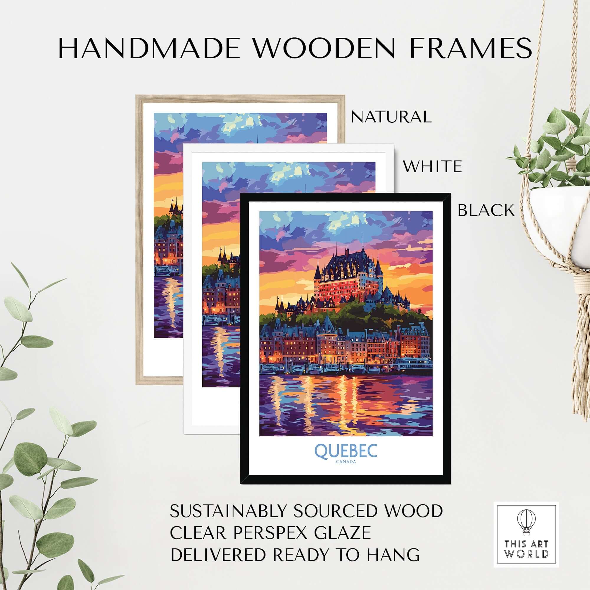 Handmade wooden frames for Quebec Travel Art Print - Château Frontenac in natural, white, and black options.