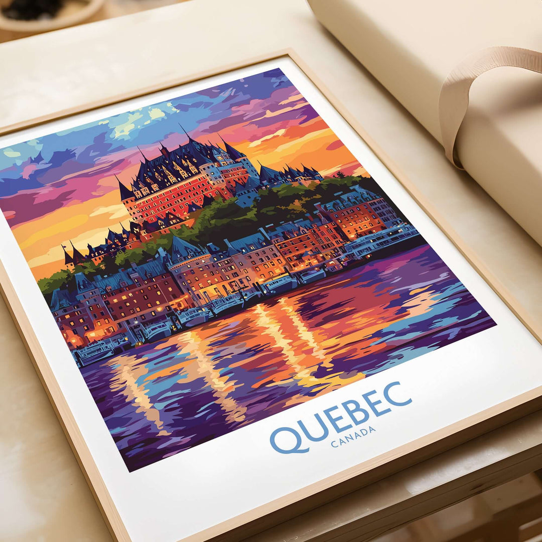 Quebec travel art print featuring Château Frontenac at sunset, showcasing vibrant colors and iconic architecture.