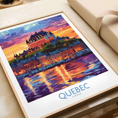 Quebec Travel Art Print - Château Frontenac featuring vibrant colors and reflections in water.