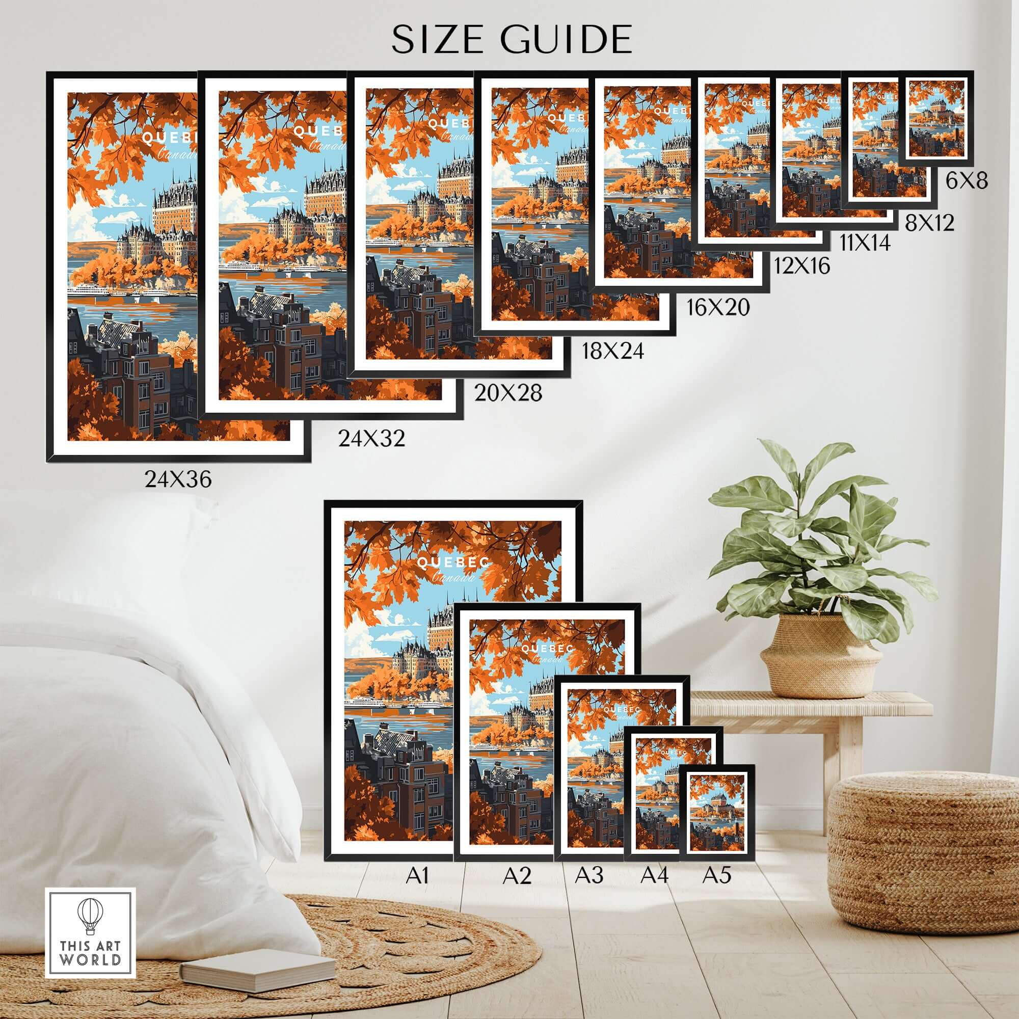 Quebec Travel Print featuring Château Frontenac size guide showcasing various frame options.