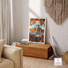 Quebec Travel Print featuring Château Frontenac displayed in a cozy living room with autumn decor.