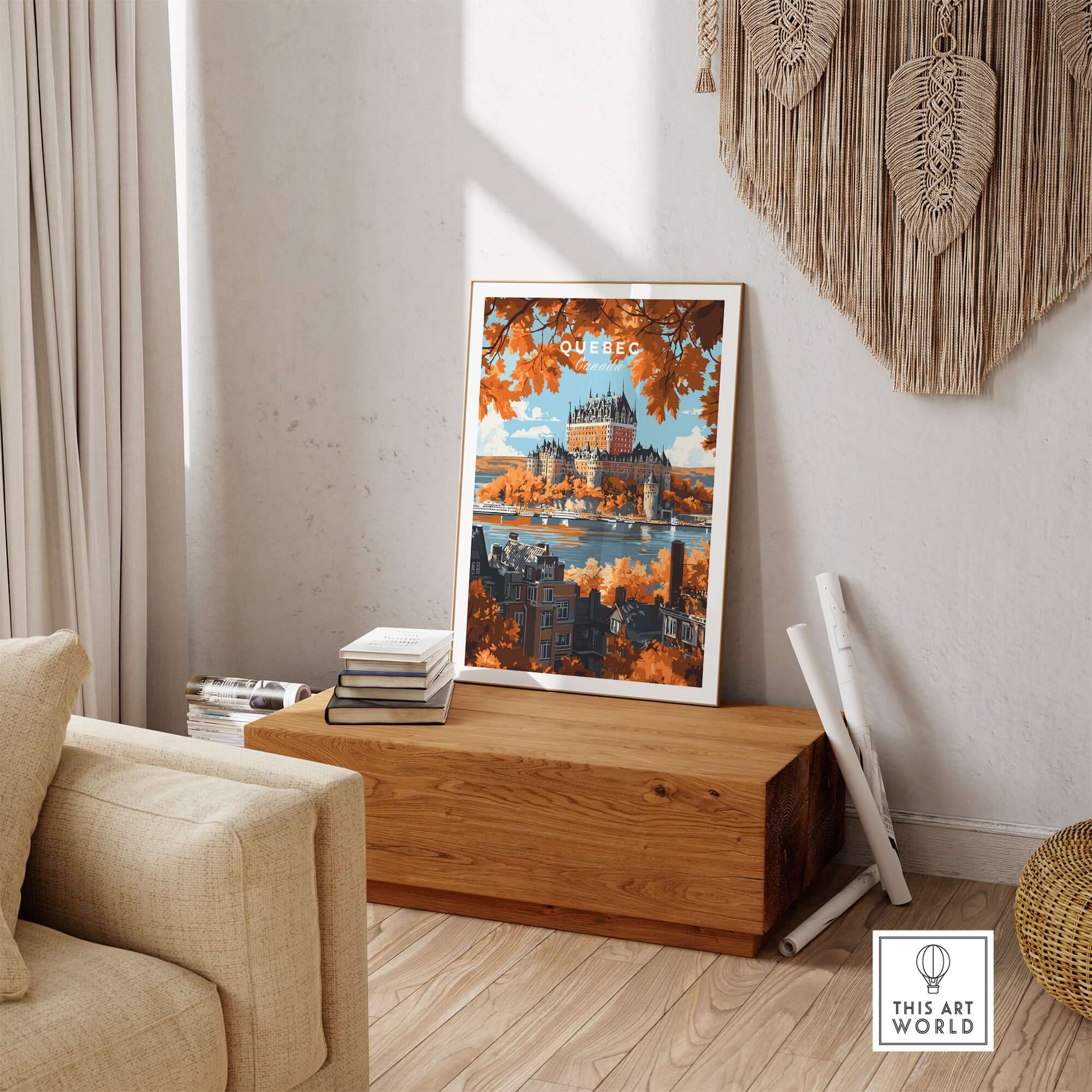 Quebec Travel Print featuring Château Frontenac displayed in a cozy living room with autumn decor.