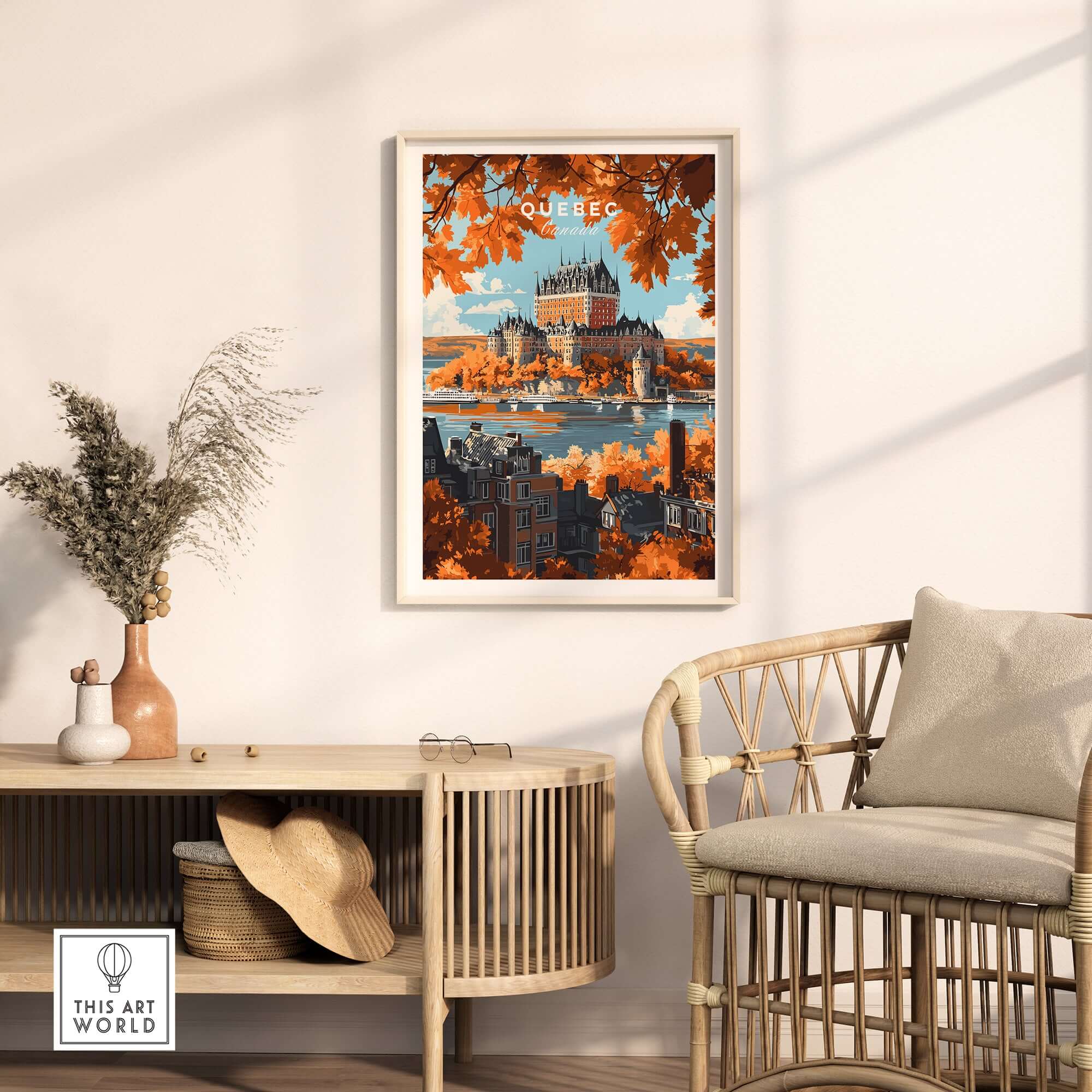 Quebec Travel Print featuring Château Frontenac displayed in a cozy interior setting with autumn decor.