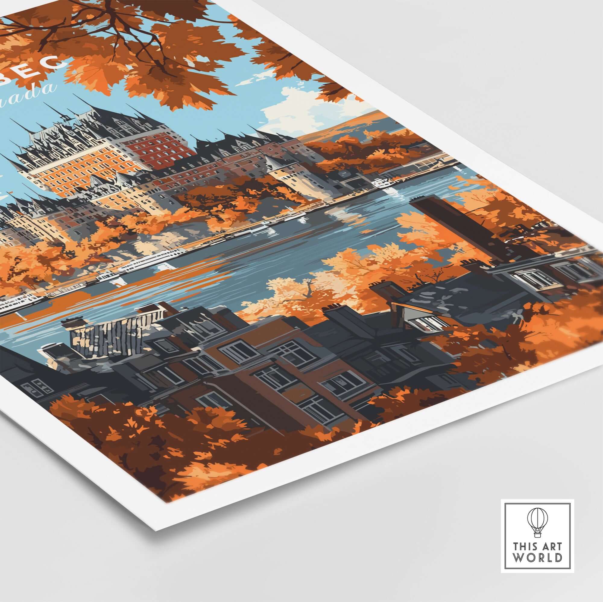 Quebec Travel Print featuring Château Frontenac in vibrant autumn colors over the river.