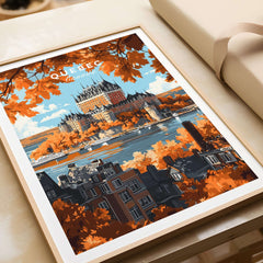 Quebec Travel Print featuring Château Frontenac, vibrant design showcasing stunning autumn colors and iconic architecture.
