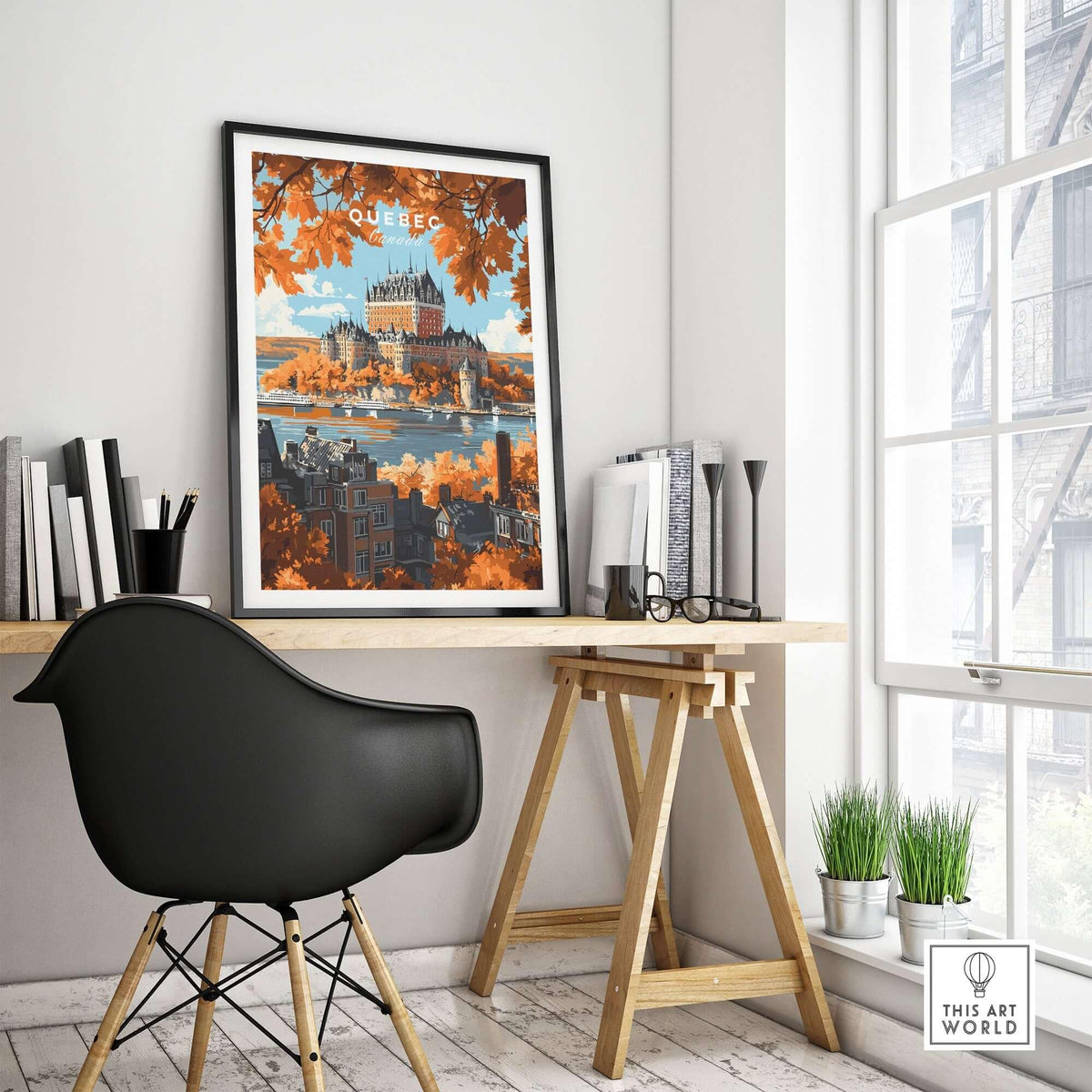 Quebec Travel Print featuring Château Frontenac showcased in a stylish home office setting.