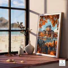 Quebec Travel Print featuring Château Frontenac displayed in a cozy home setting with autumn foliage.