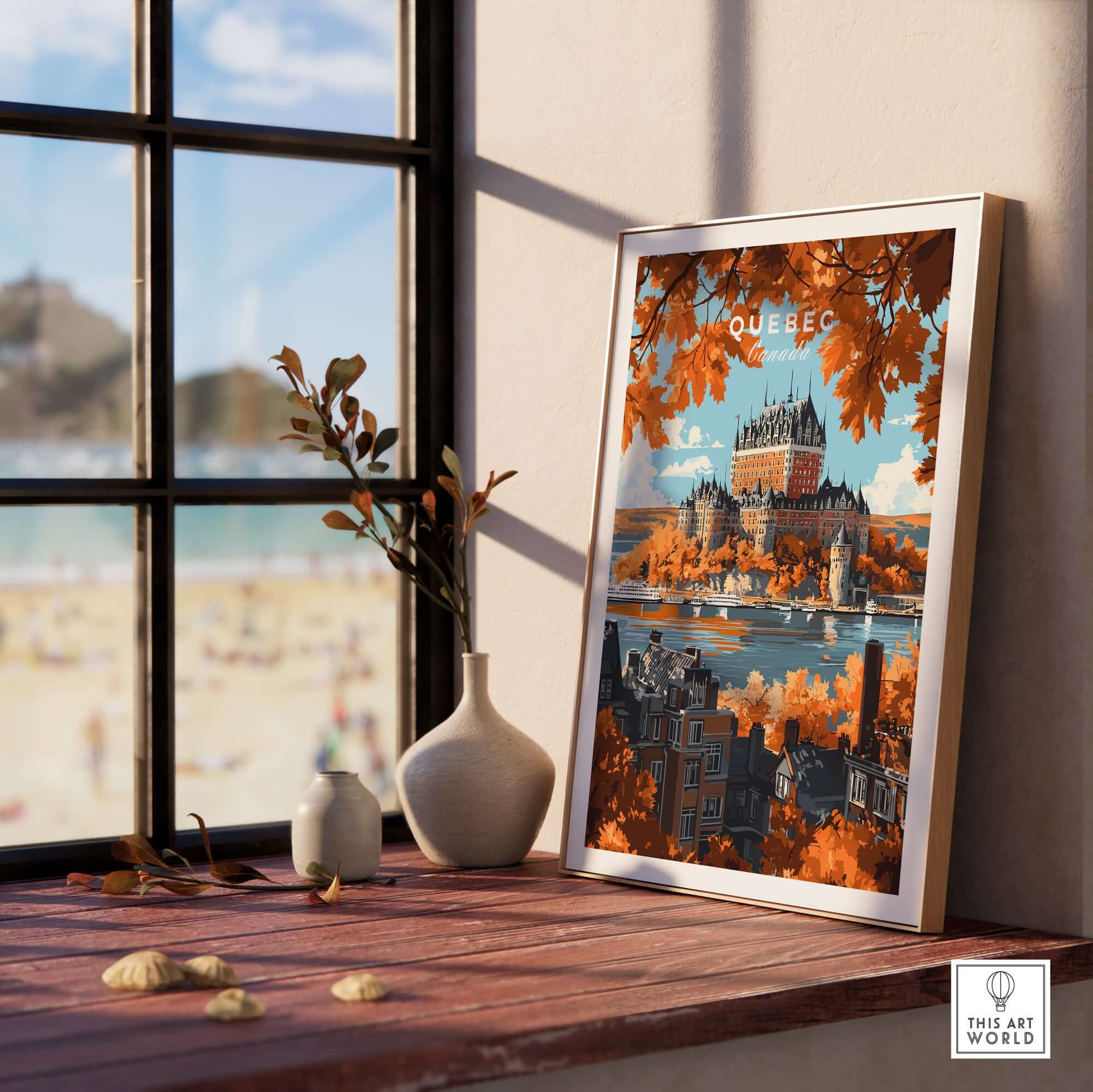 Quebec Travel Print featuring Château Frontenac displayed in a cozy home setting with autumn foliage.
