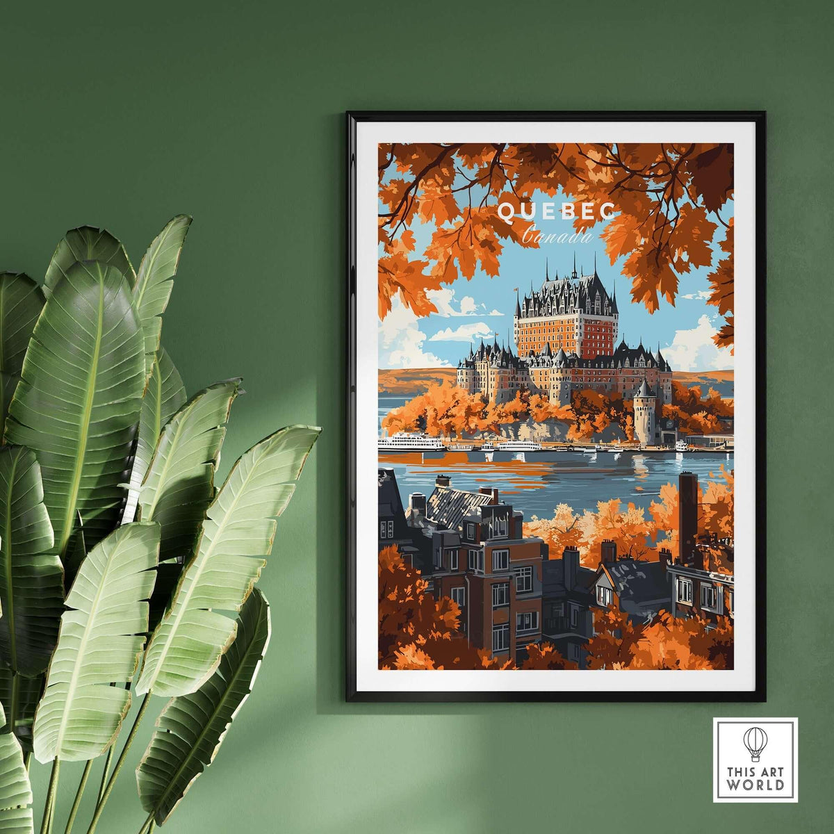 Quebec Travel Print featuring Château Frontenac in a vibrant autumn setting, showcasing stunning architecture.