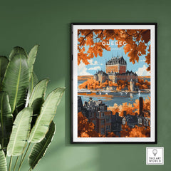 Quebec Travel Print featuring Château Frontenac in a vibrant autumn setting, showcasing stunning architecture.