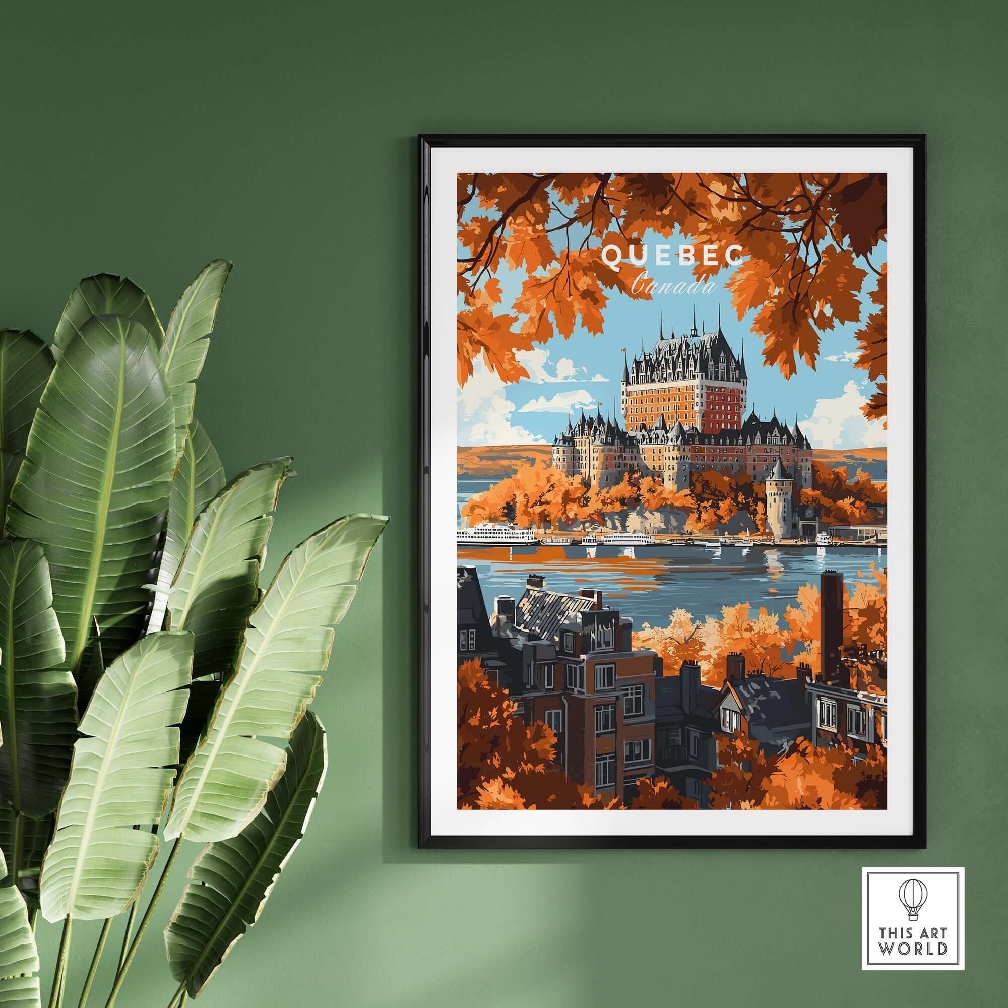 Quebec Travel Print featuring Château Frontenac in a vibrant autumn setting, showcasing stunning architecture.