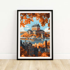 Quebec Travel Print featuring Château Frontenac showcasing stunning autumn colors and iconic architecture.